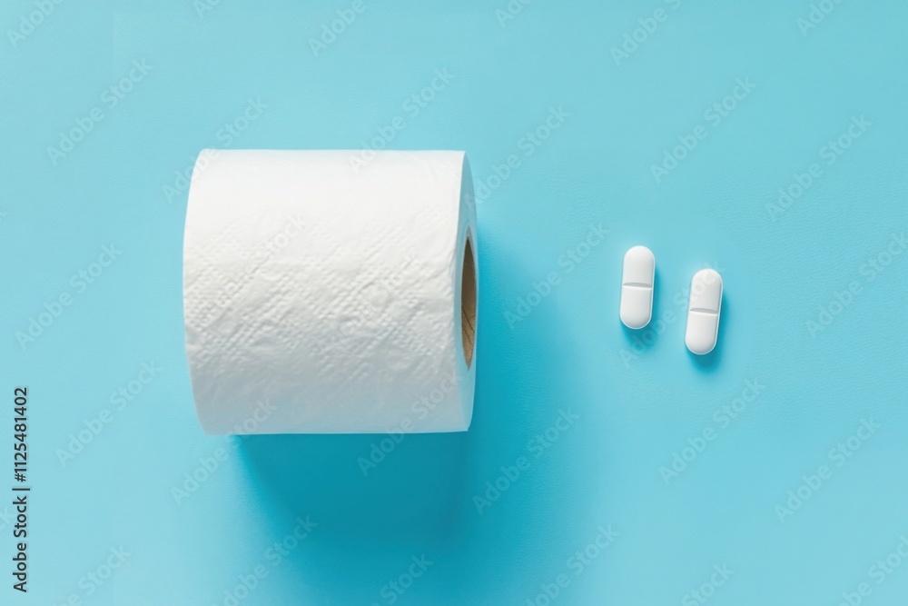 Fototapeta premium Roll of toilet paper and white pills on blue background in simple and minimalistic setup