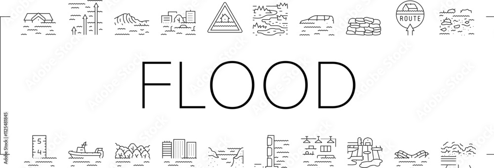 Obraz premium flood water disaster rain icons set vector. river storm, surge inundation, overflow deluge, emergency evacuation, rescue, damage flood water disaster rain black contour illustrations