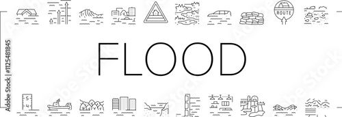 flood water disaster rain icons set vector. river storm, surge inundation, overflow deluge, emergency evacuation, rescue, damage flood water disaster rain black contour illustrations