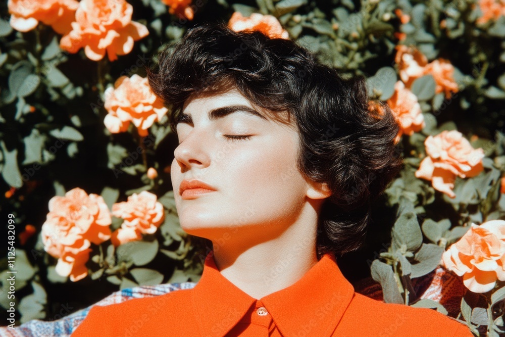 Naklejka premium Young caucasian female relaxing among vibrant orange flowers in sunlit garden