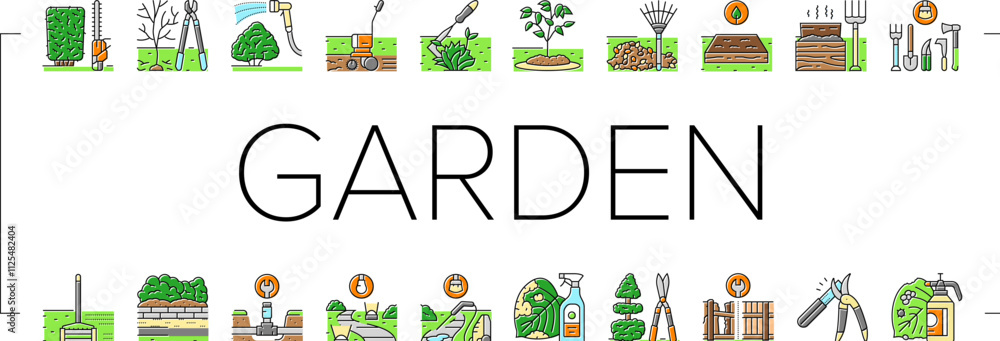 garden maintenance mulching icons set vector. pruning mulching, fertilizing watering, mowing edging, planting trimming, aerating garden maintenance mulching color line illustrations garden maintenance mulching icons set vector. pruning mulching, fertilizing watering, mowing edging, planting trimming, aerating garden maintenance mulching color line illustrations
