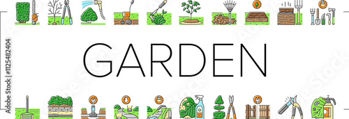 garden maintenance mulching icons set vector. pruning mulching, fertilizing watering, mowing edging, planting trimming, aerating garden maintenance mulching color line illustrations