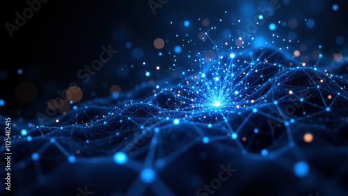 A digital representation of a neural network with glowing blue nodes and connections, symbolizing RAG (Retrieval Augmented Generation) technology.