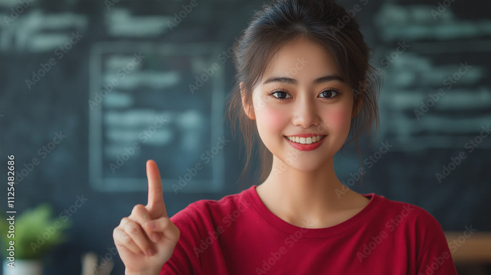 young woman with a bright smile is pointing upward in a red shirt young woman with a bright smile is pointing upward in a red shirt