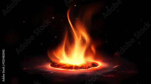 Stock photo of a fireplace with bright orange flame and glowing ember in a black surround. Ember. Illustration