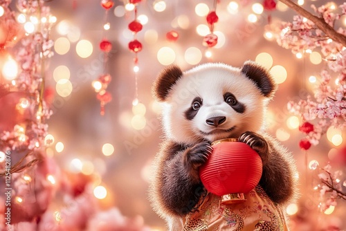 Cute panda with a red lantern on sparkling floral background. Chinese holiday and festive decor concept. For Lunar New Year, Spring Festival. Funny animal for poster, card