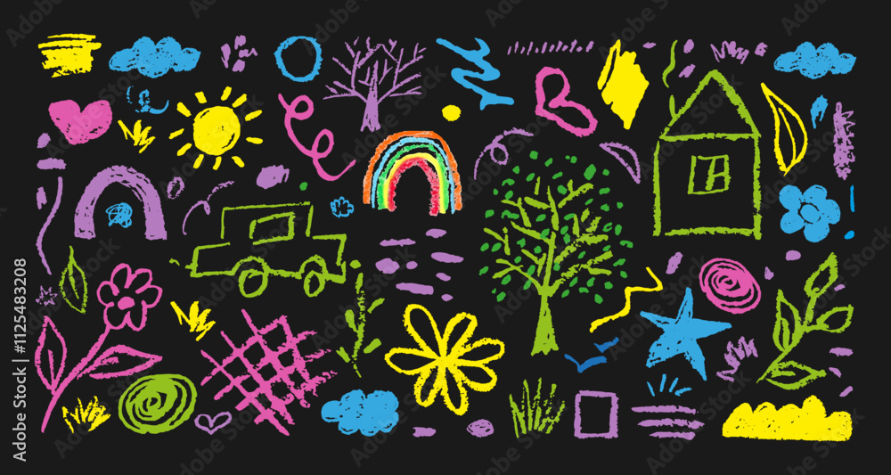 Fototapeta premium Doodle Kids Flowers, Cloud, Squiggles, Heart, Tree, Sun, Rainbow Hand Drawn With Charcoal Pencil Different Colors. Children's Drawings With Chalk, Strokes, House, Plants, Grass on Black Background