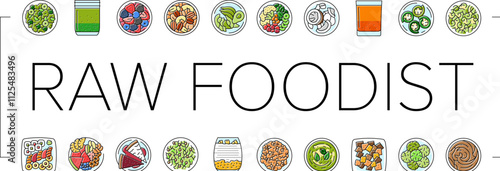 raw foodism food organic icons set vector. vegan detox, cleanse nutrition, superfoods enzymes, sprouts juicing, smoothies raw foodism food organic color line illustrations