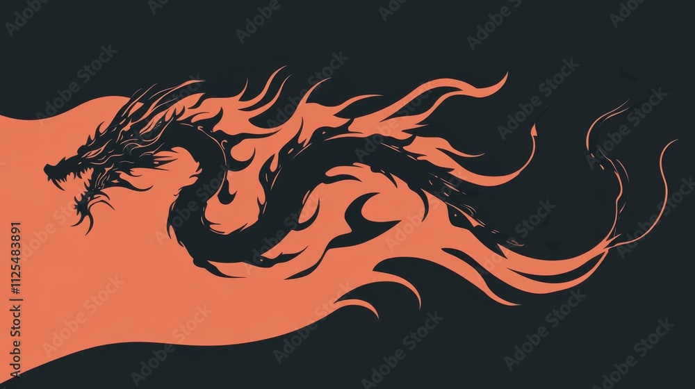 Obraz premium Black dragon flying and breathing fire on orange and dark background