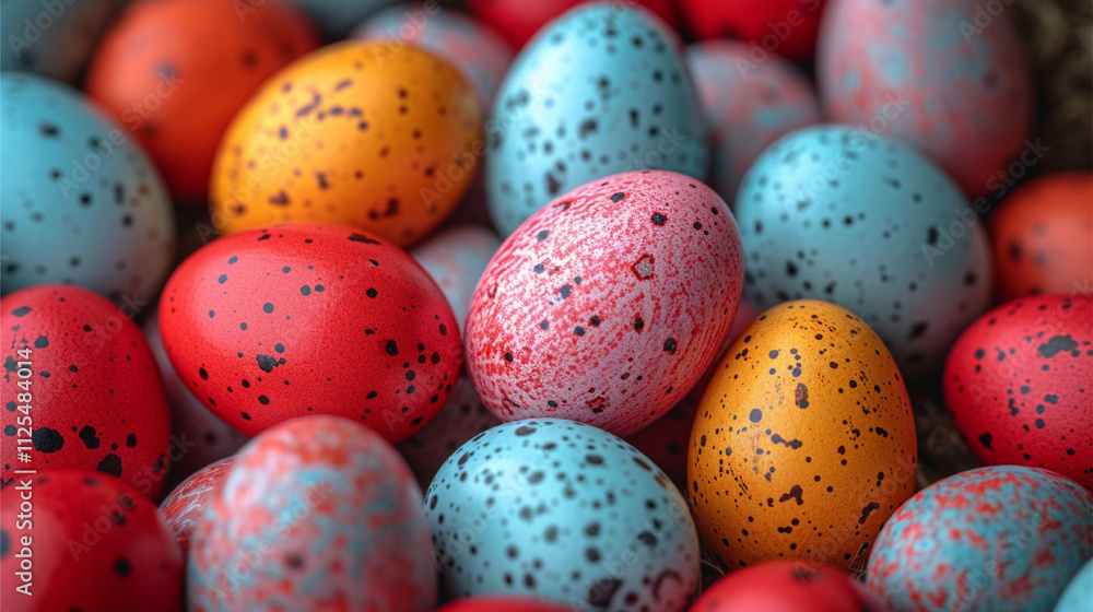 Colorful easter eggs close-up. Speckled easter eggs background. Colorful easter eggs close-up. Speckled easter eggs background.