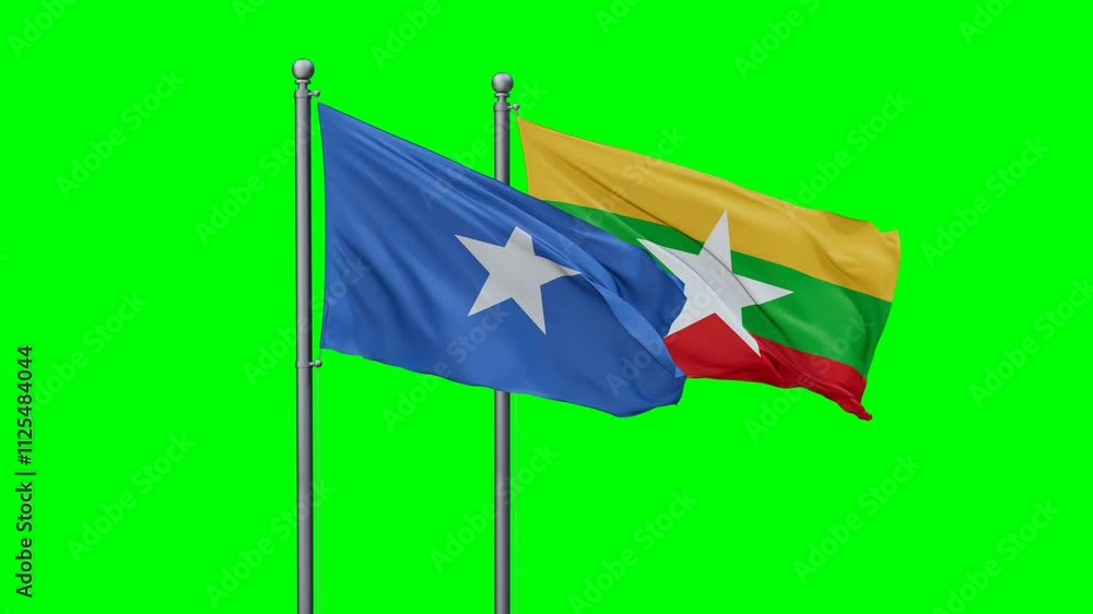 Myanmar aka Burma and Somalia flags flying together, video concept of the relationship with colored chroma key for easy background remove Myanmar aka Burma and Somalia flags flying together, video concept of the relationship with colored chroma key for easy background remove