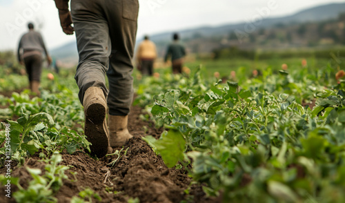 Close up of farm workers walking through agricultural field. Room for text 