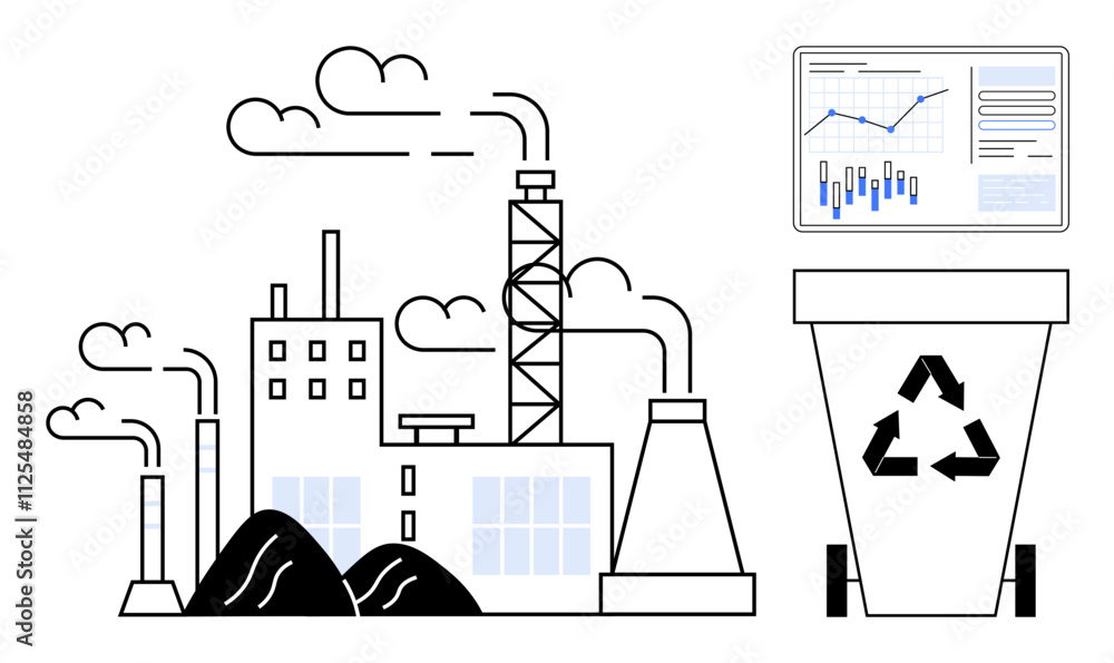 Factory with smokestacks, monitoring screen showing data charts ...