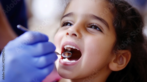 the dentist performs an examination procedure on a cute little girl. Little girl sitting in the dentist's office photo