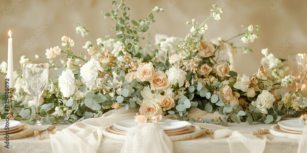 Styled wedding-themed desktop with delicate flowers, eucalyptus, and satin ribbons Styled wedding-themed desktop with delicate flowers, eucalyptus, and satin ribbons