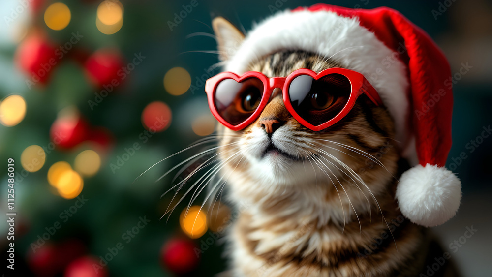 Festive Cat with Santa Hat and Heart Sunglasses Festive Cat with Santa Hat and Heart Sunglasses