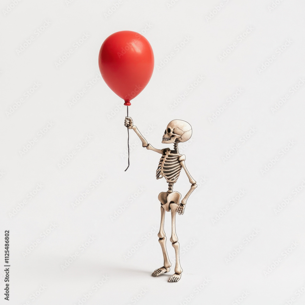 Miniature skeleton holding a vibrant red balloon against a plain white background, symbolizing whimsy and contrast between life and death. Miniature skeleton holding a vibrant red balloon against a plain white background, symbolizing whimsy and contrast between life and death.