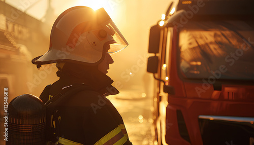 Portrait of a firefighter in uniform with a helmet near a fire truck at a station, space for text photo