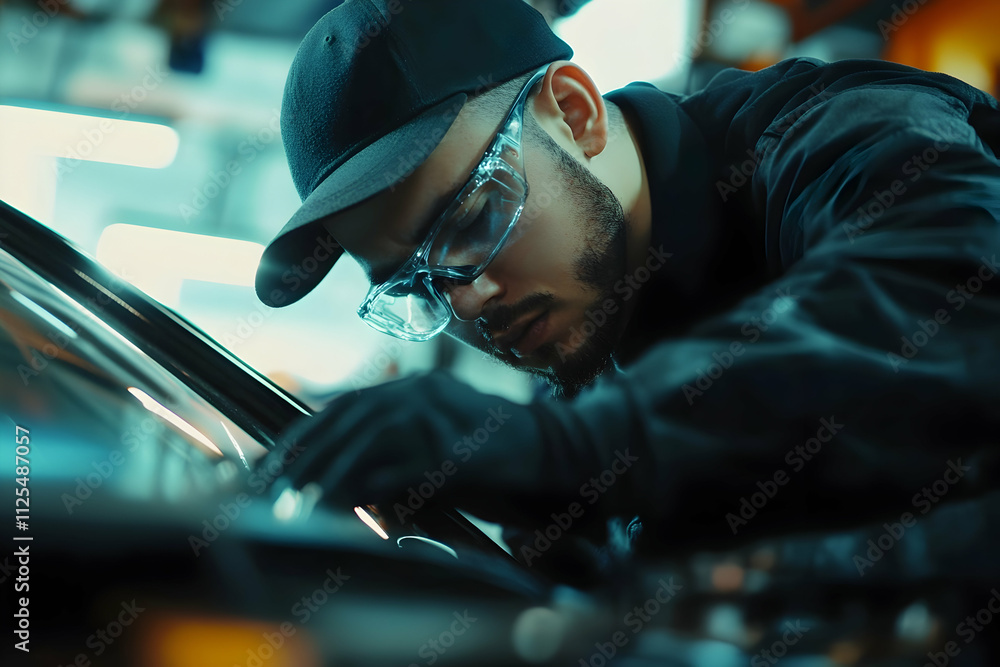 Obraz premium Technician replacing a car windshield with care and precision in an auto service center
