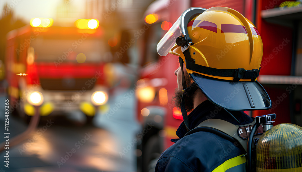 Portrait of a firefighter in uniform with a helmet near a fire truck at a station, space for text Portrait of a firefighter in uniform with a helmet near a fire truck at a station, space for text