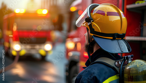 Portrait of a firefighter in uniform with a helmet near a fire truck at a station, space for text photo