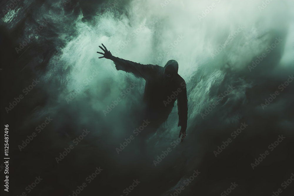 The grim reaper reaching ominously in a dark, misty void with room for text The grim reaper reaching ominously in a dark, misty void with room for text