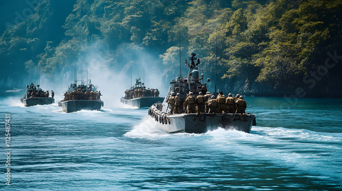 A U.S. Navy amphibious transport dock deploying marines on small boats during an exercise.
