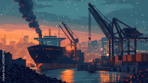Industrial port with cargo ship and crane unloading coal ai. Ember. Illustration