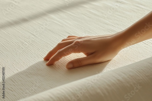 Gentle touch of human hand on textured surface in soft light