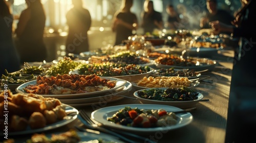 A large communal table filled with plates of diverse food options and utensils.