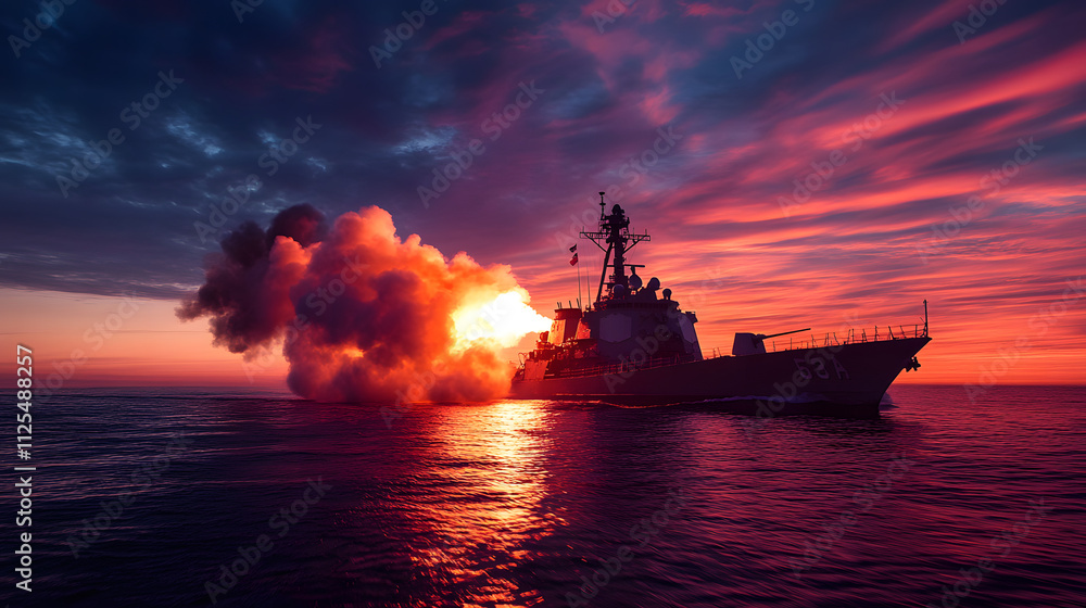 A U.S. Navy cruiser firing defensive flares against a vibrant twilight sky. A U.S. Navy cruiser firing defensive flares against a vibrant twilight sky.
