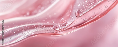 Close-up of pink serum texture with water droplets.
