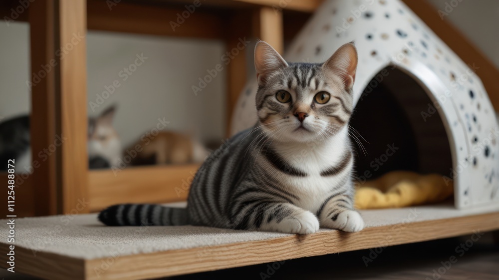 Tabby cat sitting on shelf near cat house. Tabby cat sitting on shelf near cat house.