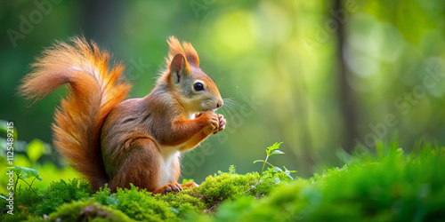 A vibrant squirrel sits on a mossy log, nibbling on a nut in a serene forest environment. Sunlight filters through the trees, illuminating its fluffy tail and curious expression