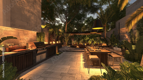 An outdoor kitchen area with a patio, lush trees and plants, and a long table. Lighting is warm photo