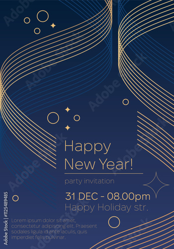 New Year Party Invitation Design in Elegant Style. Serpentine stylized in line art against navy blue background. Merry Christmas and Happy New Year greeting cards, social media post vector design.