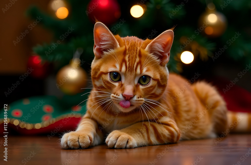 Fototapeta premium Ginger cat lying on the background of Christmas tree on the right side looking into the frame and licking his lips. Christmas atmosphere.