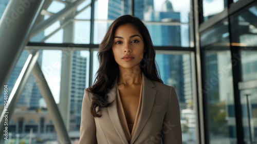 Free Download A confident woman wearing a Mocha Mousse-colored business suit, standing in a modern office with glass walls, city skyline in the background, looking professional and determined - GFXLoad
