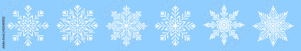 Set of white snowflakes in cartoon style. Vector illustration of beautiful winter, different shapes and sizes of snowflakes, isolated on blue background. Holiday. New Year. Christmas. Set of white snowflakes in cartoon style. Vector illustration of beautiful winter, different shapes and sizes of snowflakes, isolated on blue background. Holiday. New Year. Christmas.