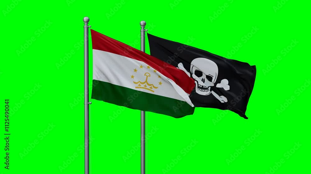 Tajikistan and Jolly Roger or pirate flags flying together, video concept of the relationship with colored chroma key for easy background remove Tajikistan and Jolly Roger or pirate flags flying together, video concept of the relationship with colored chroma key for easy background remove
