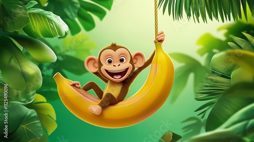 Cheerful Cartoon Monkey Swinging on a Banana, with a Bright Green Background and Tropical Leaves photo