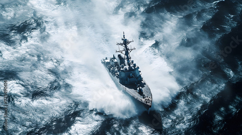 A U.S. Navy destroyer performing evasive maneuvers during a high-seas combat drill.