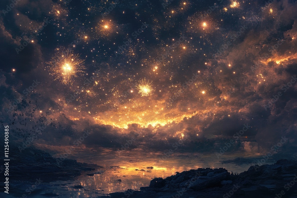 Celestial Fireworks Display Over a Rocky, Reflective Shoreline at Dusk Celestial Fireworks Display Over a Rocky, Reflective Shoreline at Dusk