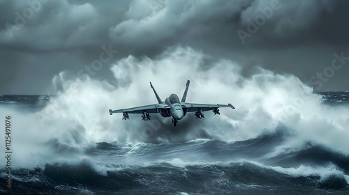 A U.S. Navy fighter jet landing on an aircraft carrier in rough seas.