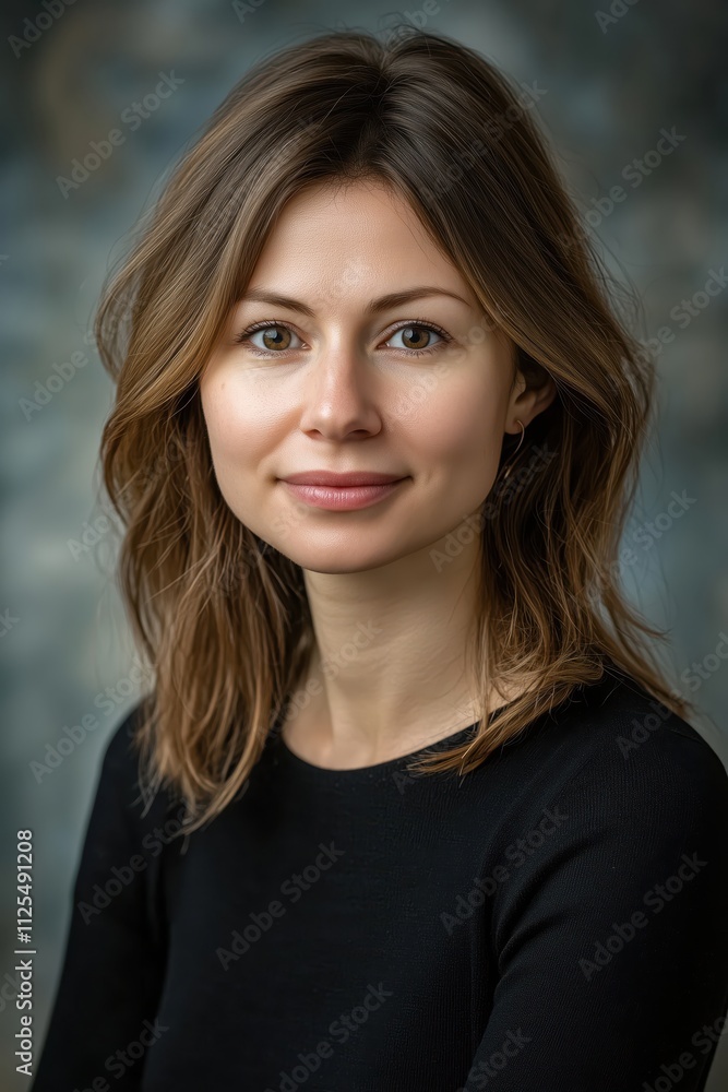 Portrait of a smiling woman with natural makeup and wavy hair Portrait of a smiling woman with natural makeup and wavy hair