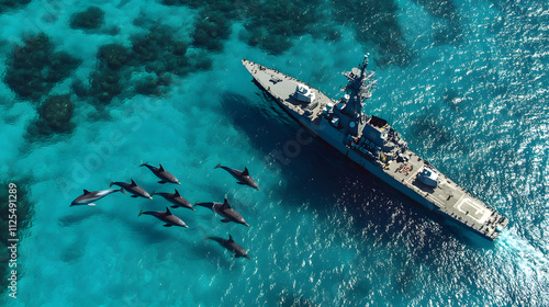 A U.S. Navy frigate cruising alongside a pod of dolphins in crystal-clear waters. photo