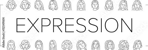 facial expression female smile icons set vector. pout smirk, glare wink, blush scowl, grin sneer, beam, grimace pout, sulk, glower facial expression female smile black contour illustrations