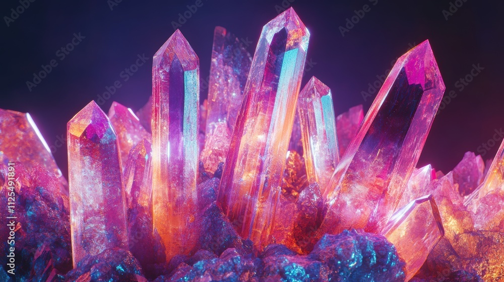 A cluster of vibrant, translucent crystal points glowing with hues of pink, purple, and orange, creating a magical, radiant display. A cluster of vibrant, translucent crystal points glowing with hues of pink, purple, and orange, creating a magical, radiant display.