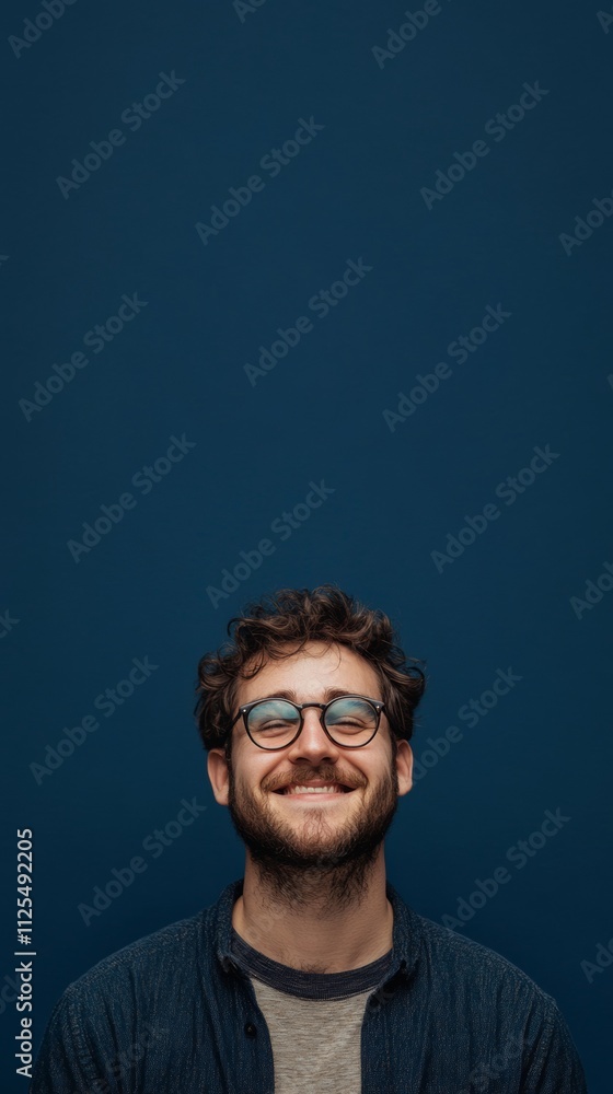 Fototapeta premium nerdy man with glasses smiling at camera on dark blue background with copy space vertically 9:16