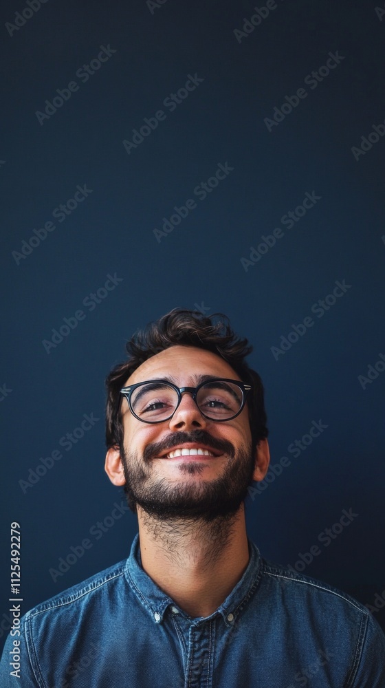 Obraz premium nerdy man with glasses smiling at camera on dark blue background with copy space vertically 9:16